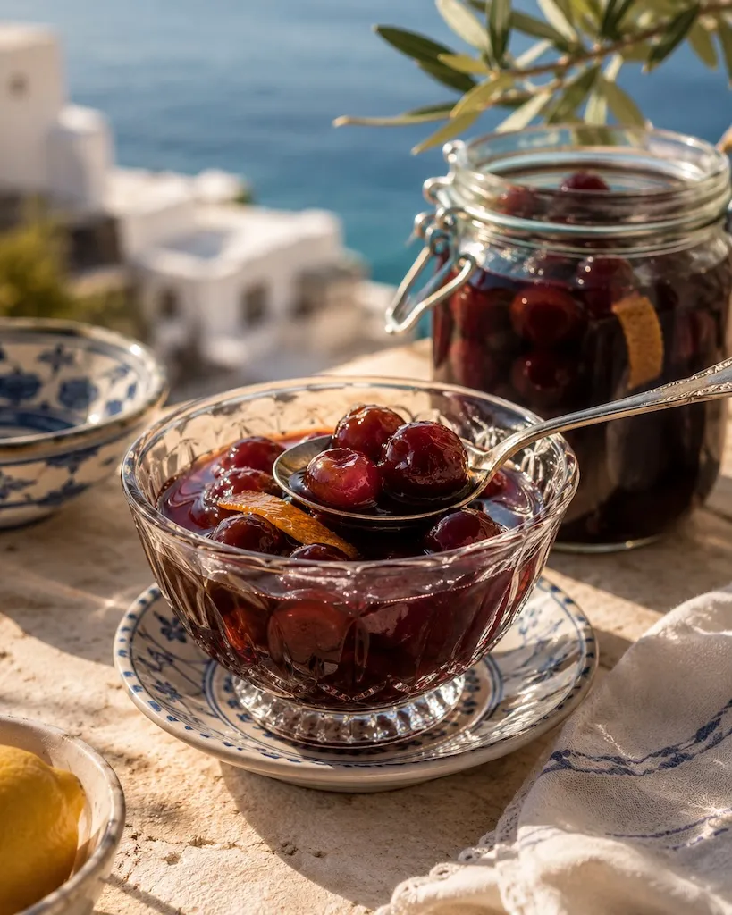 Traditional Greek Cherry Spoon Sweet served in a glass dish with cherries in syrup.