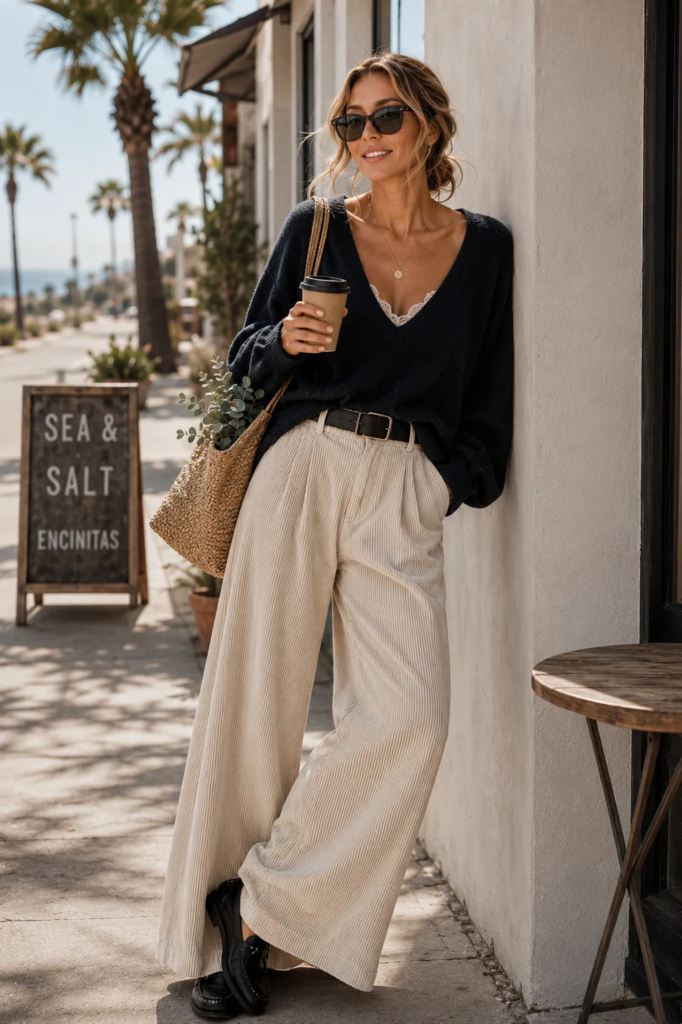 Woman wearing cream pinwale corduroy trousers, a navy cashmere V-neck sweater, loafers, and sunglasses outside a coastal café in Encinitas, California.