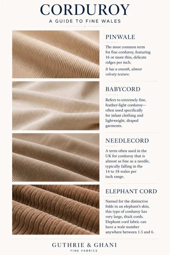 Comparison of pinwale, babycord, needlecord, and elephant cord fabrics showing the different corduroy wale sizes and textures.