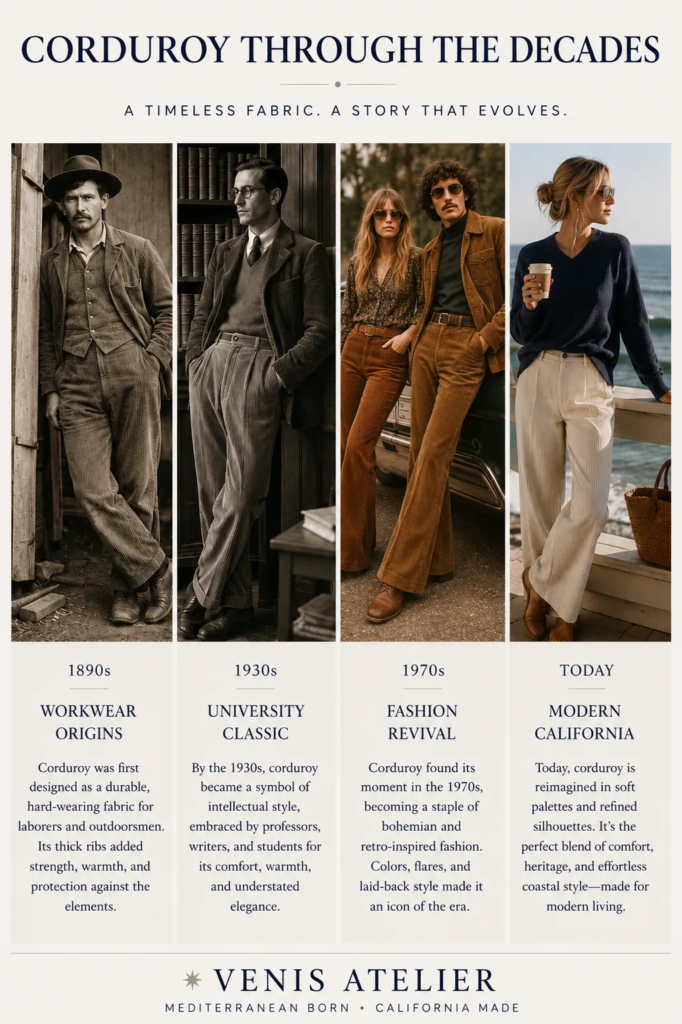 Timeline illustrating the evolution of corduroy from nineteenth-century workwear to university style, 1970s fashion, and modern California coastal dressing.