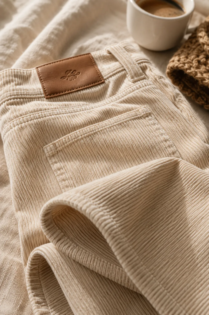 Close-up of cream fine-wale cotton corduroy trousers showing the soft raised ribs, woven texture, and craftsmanship of the fabric.