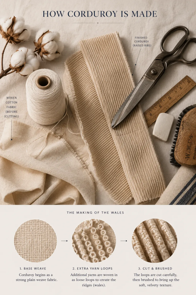 Editorial illustration showing how corduroy fabric is made from woven cotton, extra yarn loops, and brushed raised wales with traditional textile tools.