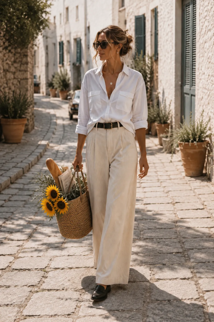 Woman wearing cream corduroy trousers and a white linen shirt walking through a Mediterranean village with a woven market basket.