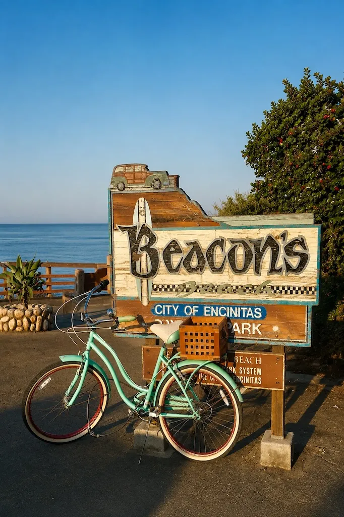 Vintage turquoise beach cruiser parked beside the Beacon's Beach sign overlooking the Pacific Ocean in Encinitas, California.