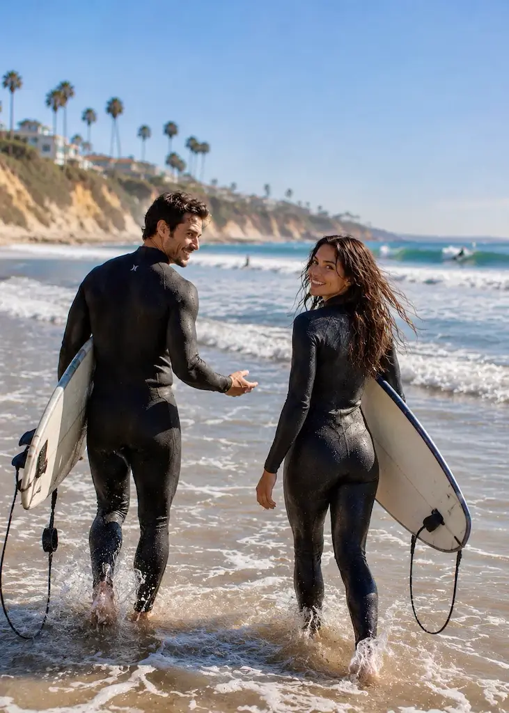 Encinitas | California's Closest Thing to Utopia 7 Two surfers male and a female walking in Encinitas beach after a surf session