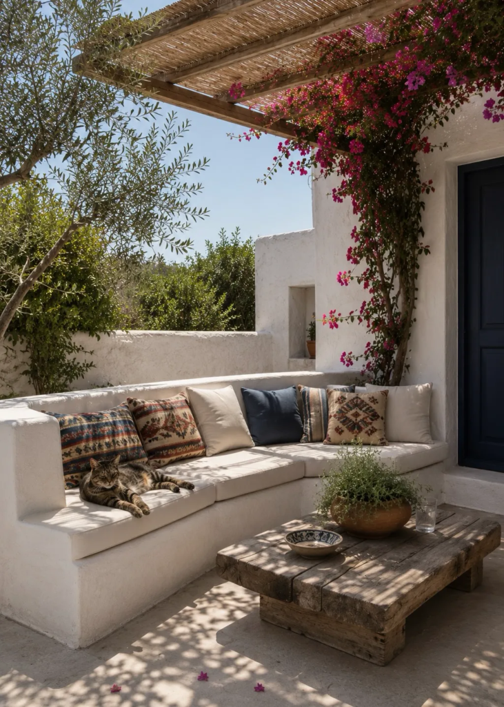 Simple Greek courtyard with built-in plaster benches, colorful linen cushions, bougainvillea, natural wood table, and a lounging cat illustrating contemporary Greek interior design.