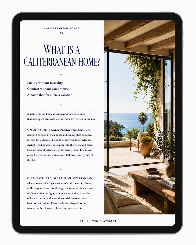 CALITERRANEAN HOMES 3 Editorial page introducing the Caliterranean home philosophy with a bright coastal living room opening onto an ocean-view terrace.