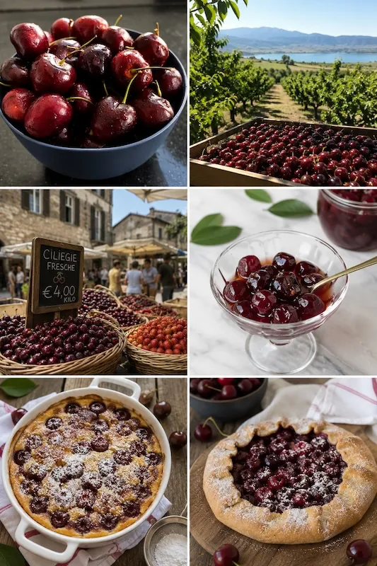 Fresh cherries at a Mediterranean farmers' market during July cherry season in California and the Mediterranean.