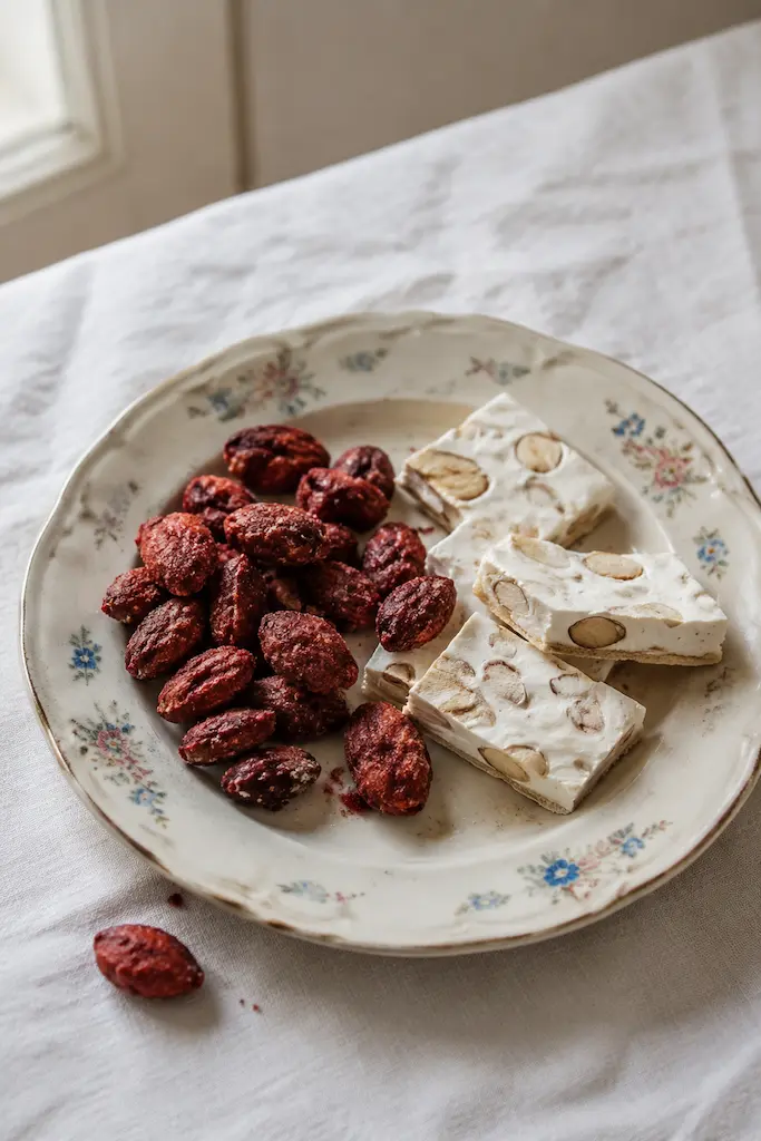 Red candied almonds and pieces of white almond nougat on a floral ceramic plate.