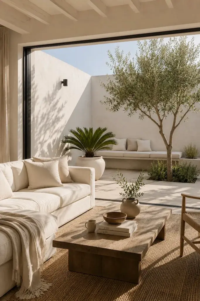What Is a Caliterranean™ Home? 5 Caliterranean home with natural materials, open outdoor living, wooden platform sofa, and Mediterranean-inspired courtyard