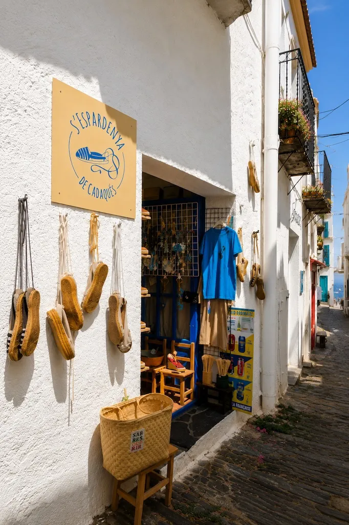 Traditional S'Espardenya espadrille shop in the whitewashed streets of Cadaqués, Costa Brava, Spain.