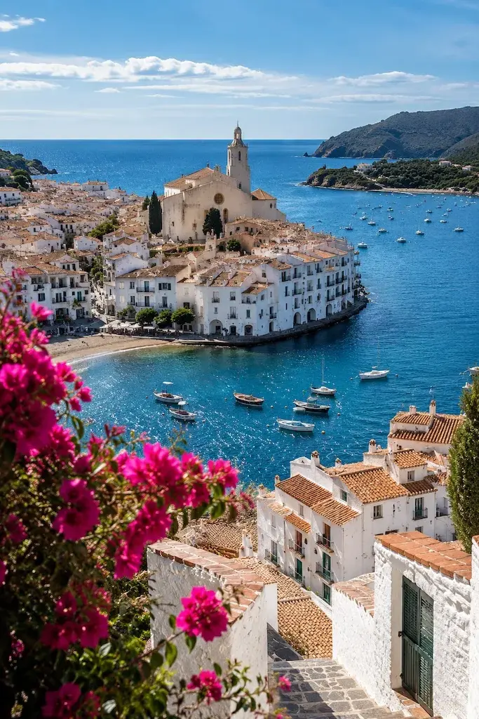 The whitewashed harbor of Cadaqués on Spain's Costa Brava with fishing boats and the Mediterranean Sea.