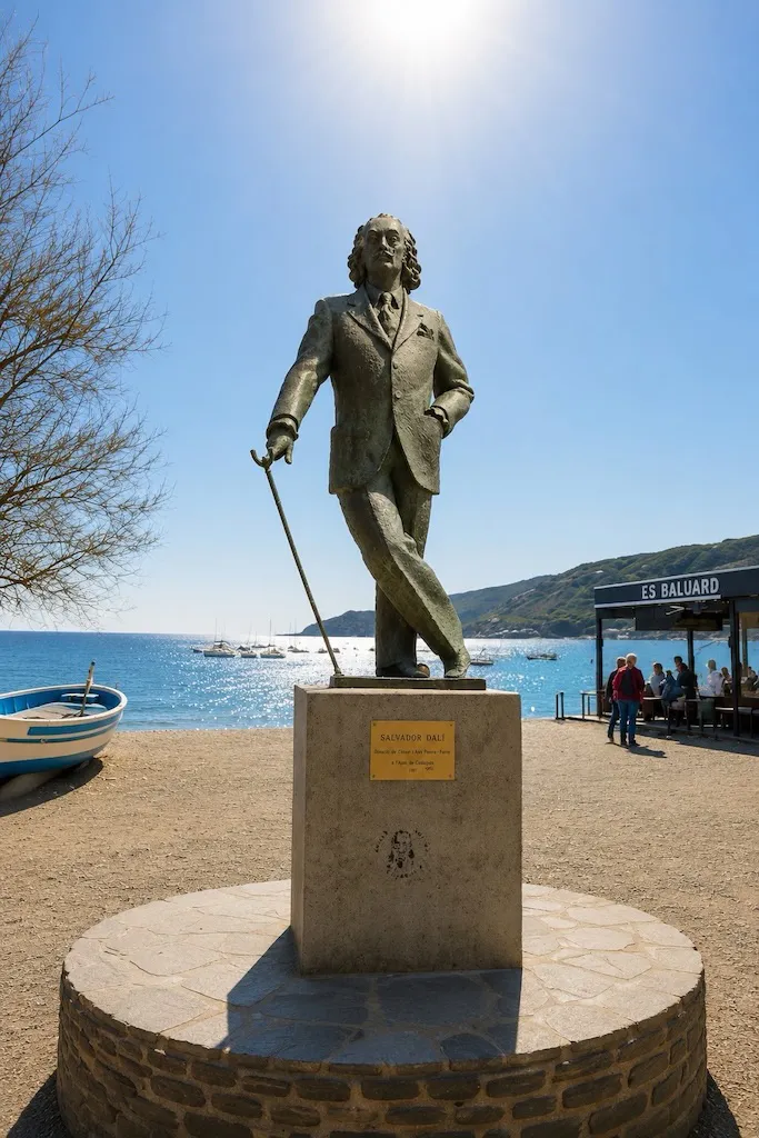 Statue of Salvador Dalí overlooking the beach and Mediterranean Sea in Cadaqués, Costa Brava, Spain.