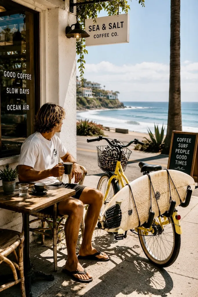 California surfer enjoying coffee outside a coastal café with a beach cruiser and surfboard overlooking the Pacific Ocean.