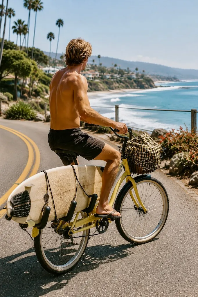 California Bicycles & Mediterranean Vespas 2 Surfer riding a beach cruiser with a surfboard along the California coast, representing the relaxed two-wheel lifestyle.
