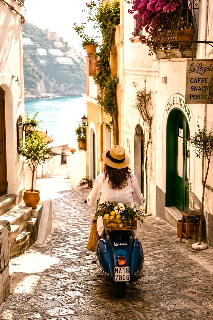 Rider on a blue Vespa cruising through a narrow Mediterranean seaside village with fresh flowers and lemons in the rear basket.