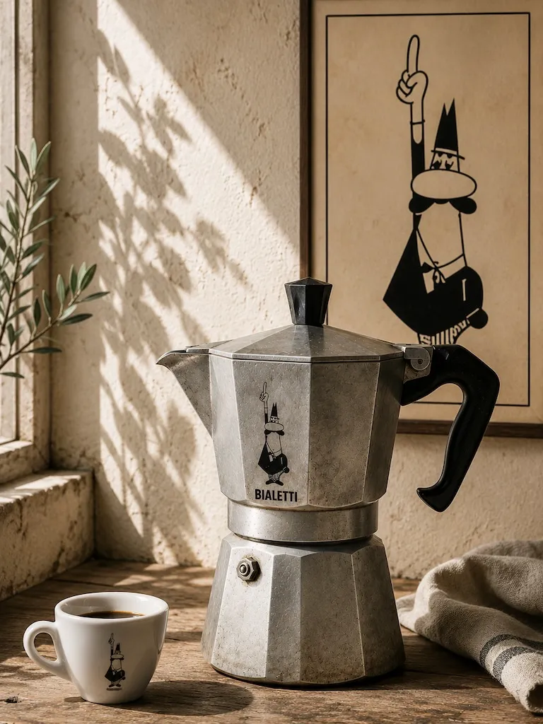 1933-style Bialetti Moka Express coffee maker in a vintage Italian kitchen with the iconic mustached man poster.