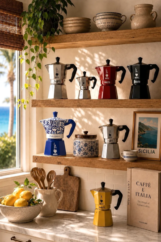 Collection of classic, colorful, and Dolce & Gabbana Bialetti Moka Express coffee makers displayed on open kitchen shelves.