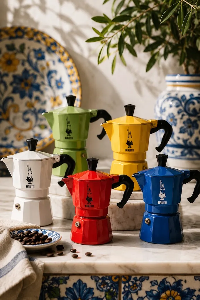 Colorful collection of mini Bialetti Moka Express coffee makers inspired by Italian design and Mediterranean colors.