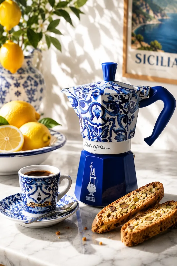Dolce & Gabbana x Bialetti Moka Express with blue-and-white Sicilian ceramic pattern, lemons, biscotti, and espresso cups.