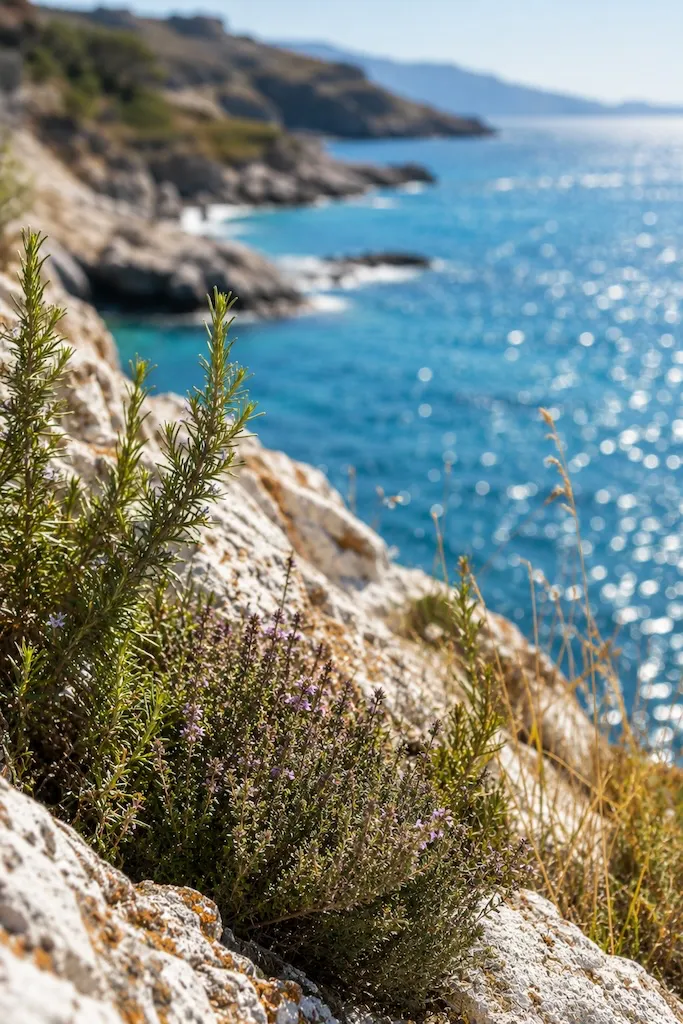 Wild rosemary and thyme growing among sun-bleached rocks overlooking the blue Mediterranean at Cap de Creus Natural Park.