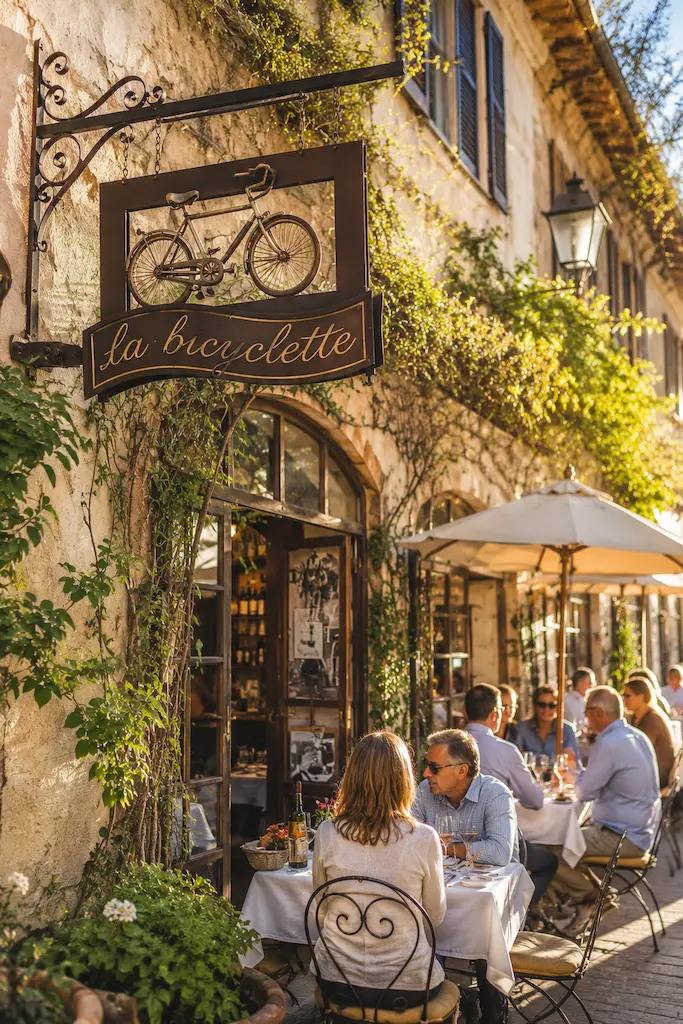 Carmel-by-the-Sea - The Storybook Village 13 Outdoor tables at La Bicyclette restaurant in Carmel-by-the-Sea during the golden hour, with guests dining beneath warm afternoon light.