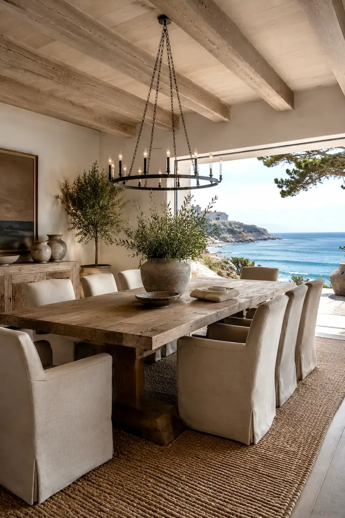 Handcrafted solid oak dining table in a Mediterranean coastal home overlooking the sea, showcasing timeless craftsmanship and natural materials.