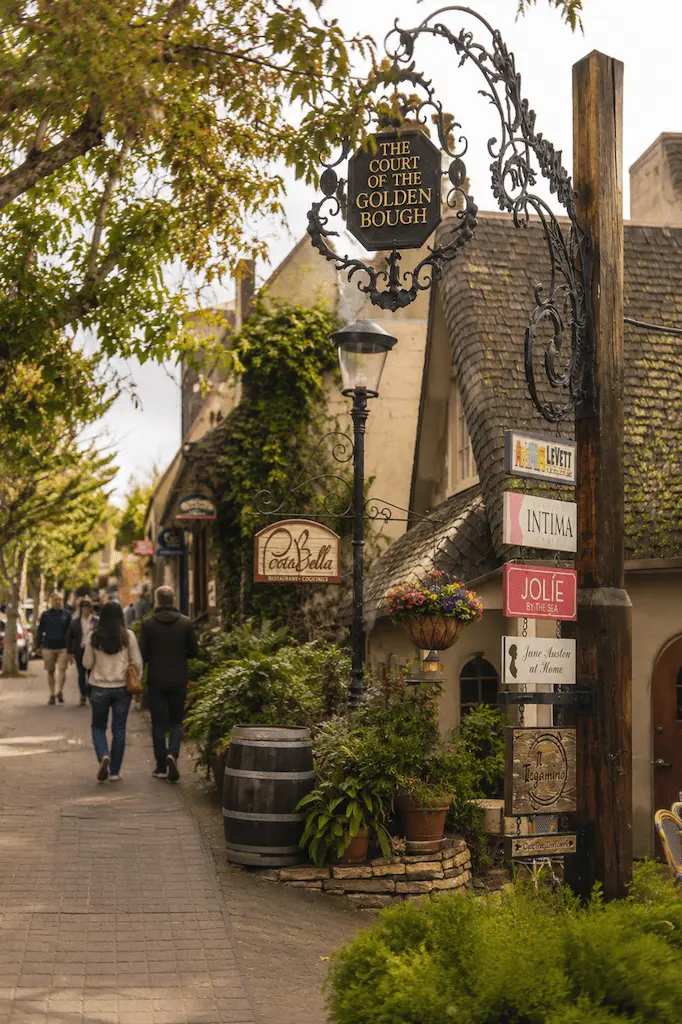 Charming cottage-lined street in Carmel-by-the-Sea with flower-filled storefronts, local boutiques, and people strolling beneath mature trees.