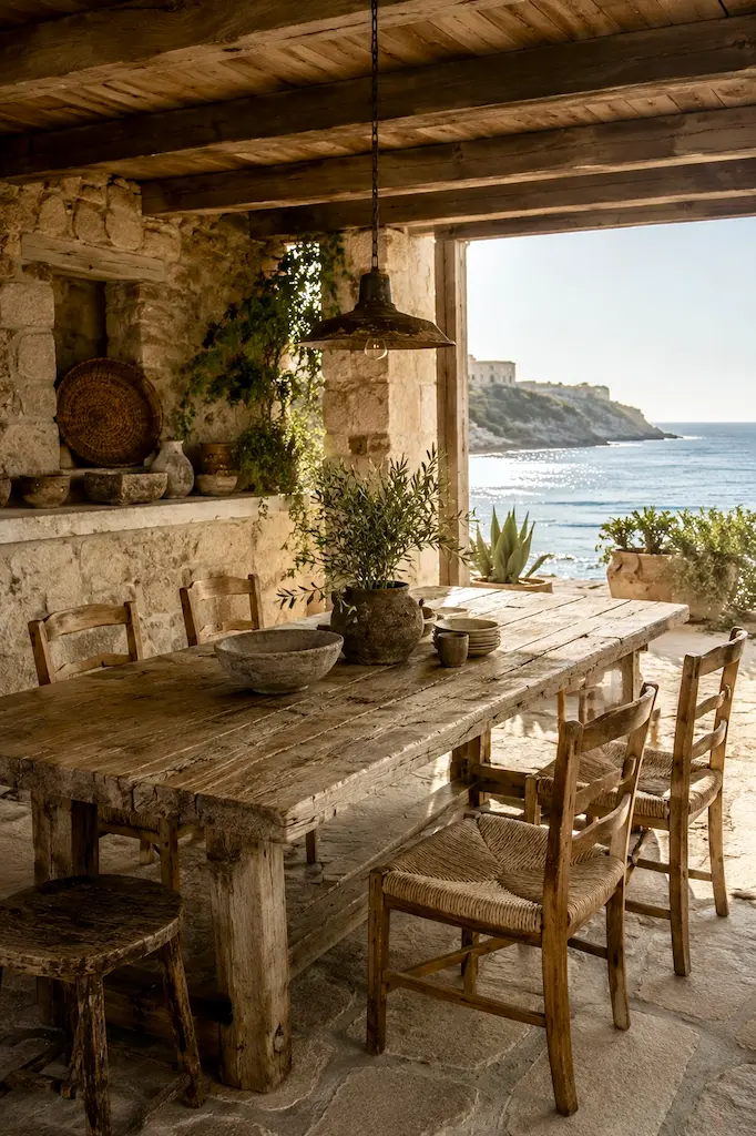 California coastal dining room with solid wood furniture, linen chairs, and ocean views inspired by timeless Caliterranean design.