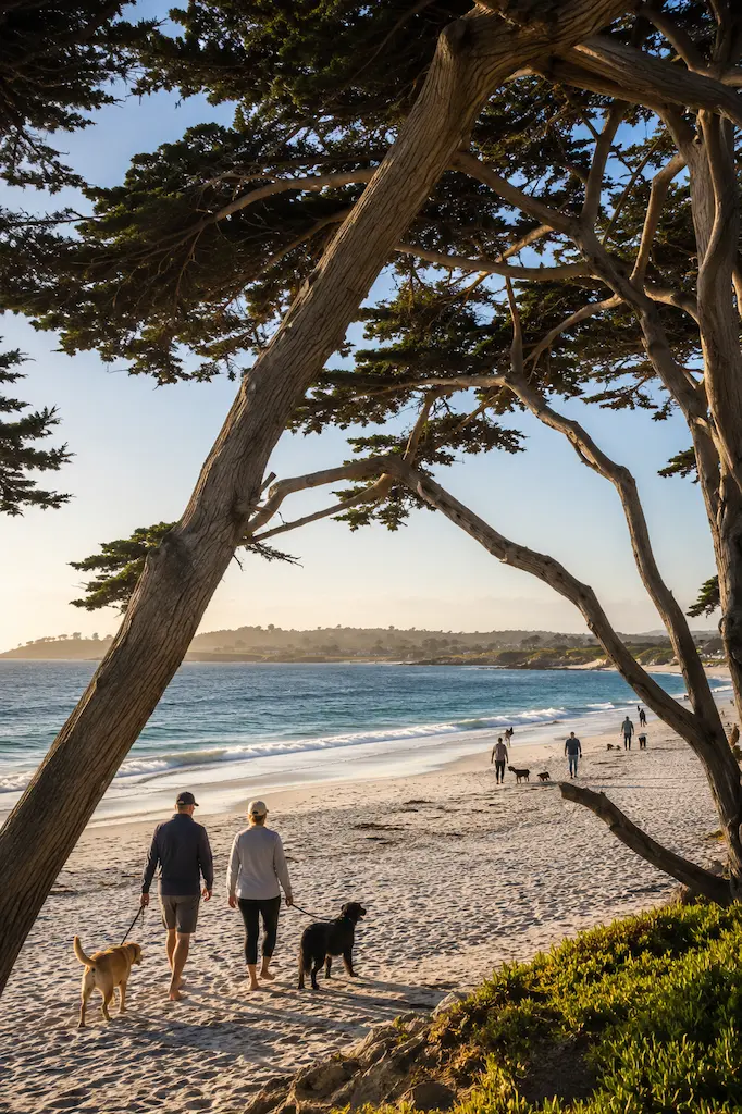 Dog walkers enjoying Carmel Beach beneath Monterey cypress trees on California's coast in the warm late afternoon light.
