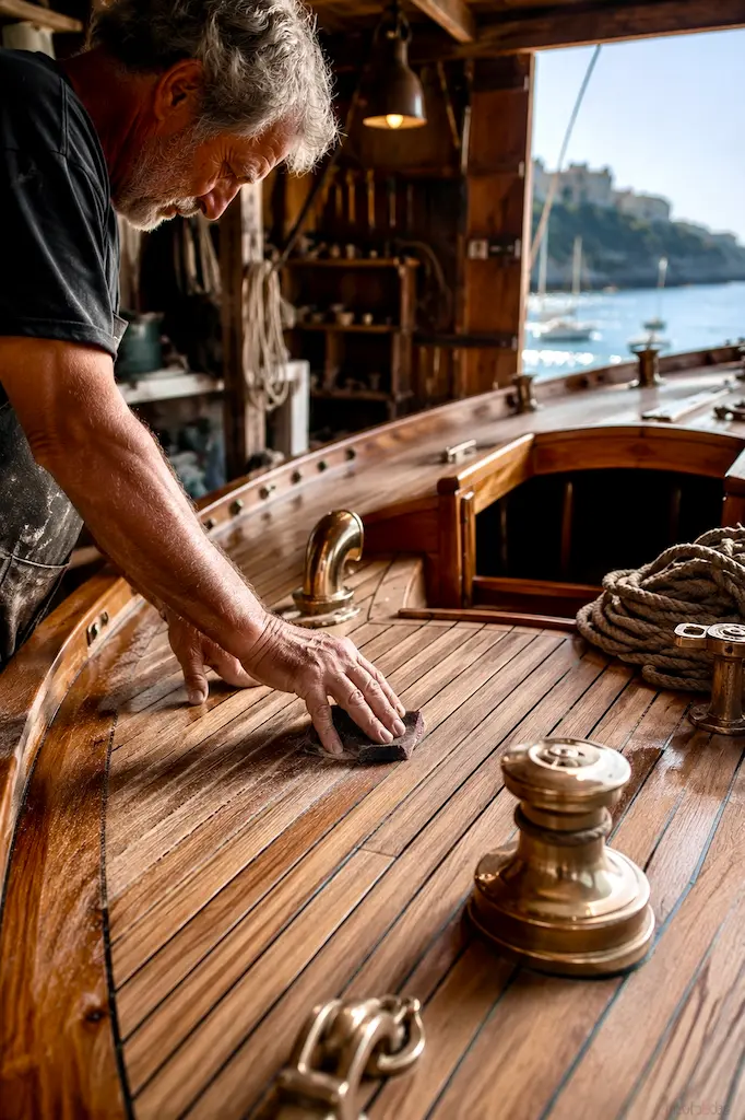 Boat builder restoring a classic teak sailboat deck with polished brass fittings, showcasing traditional marine craftsmanship.