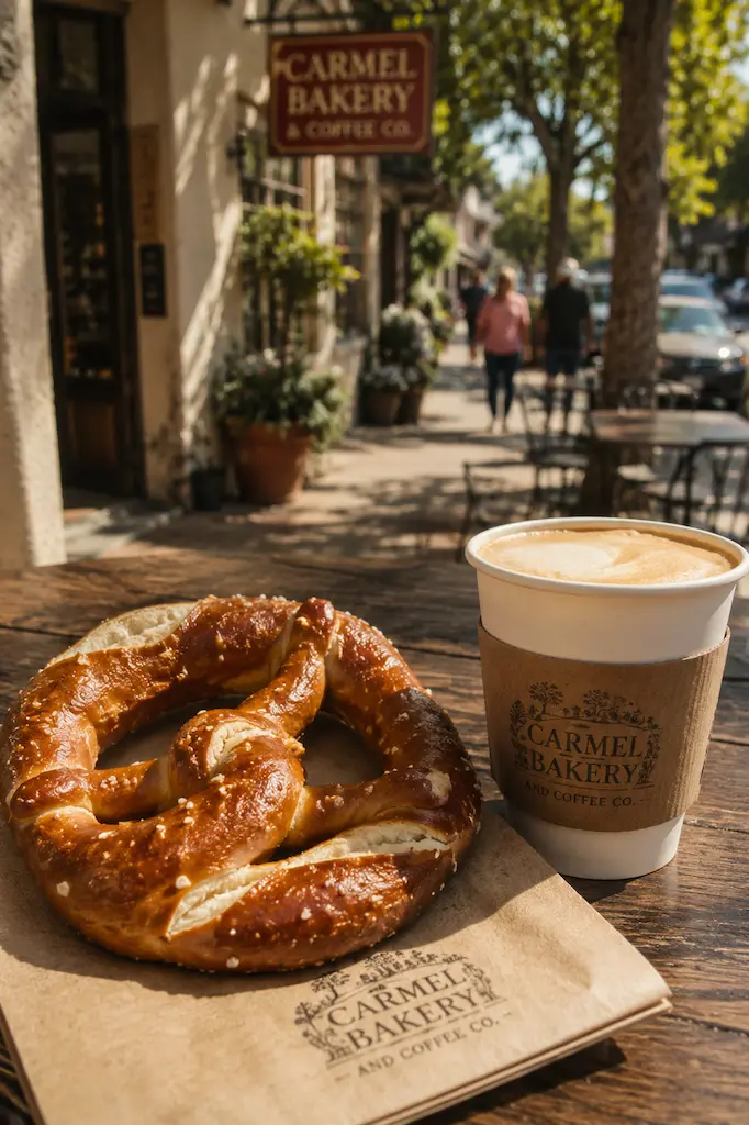 Freshly baked Bavarian pretzel and specialty coffee from Carmel Bakery & Coffee Company enjoyed outdoors in Carmel-by-the-Sea.