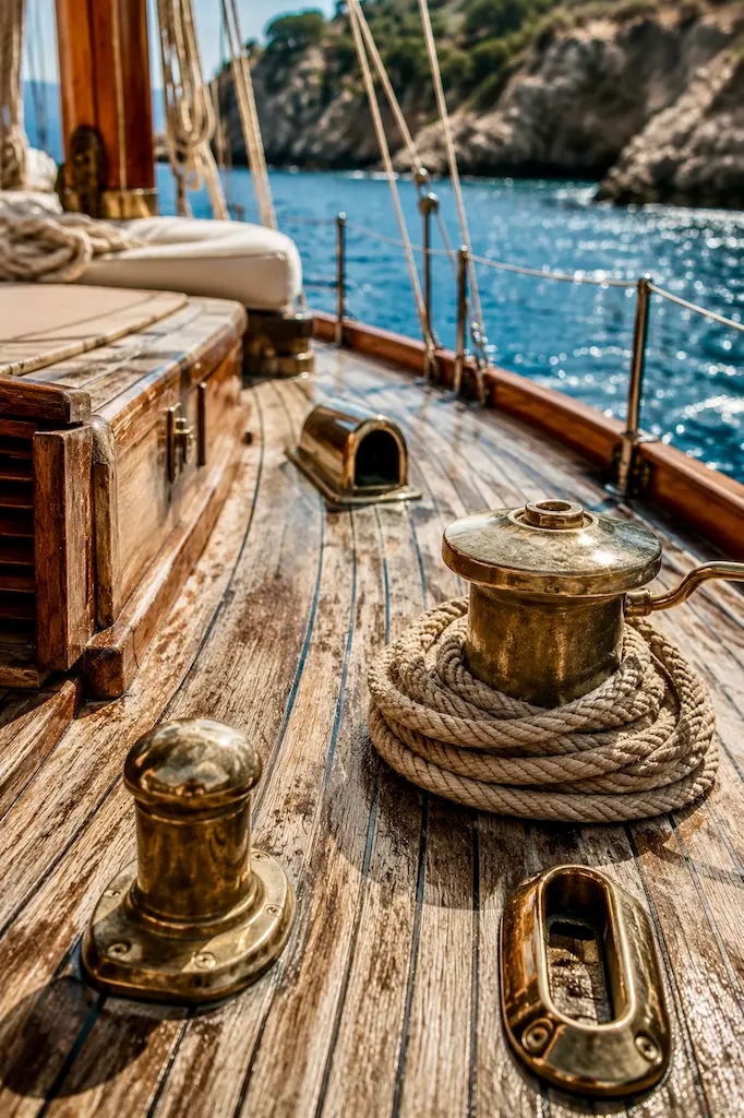 Close-up of a weathered teak sailboat deck with polished brass hardware, illustrating the durability of traditional marine craftsmanship.