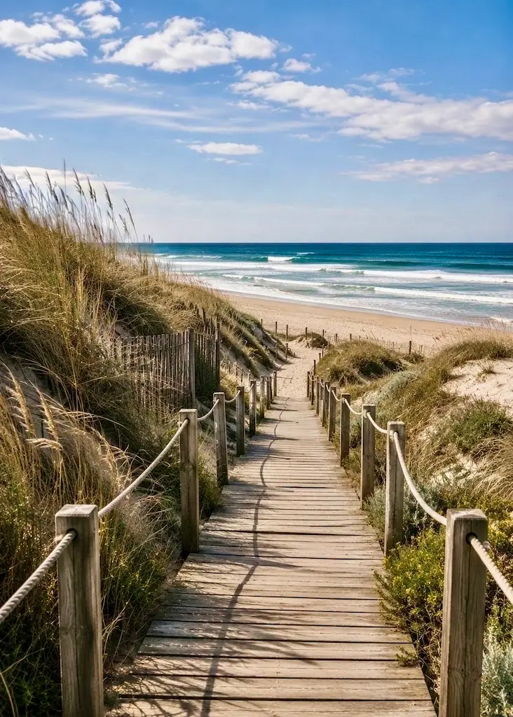 Wooden boardwalk crossing coastal dunes toward the Atlantic beach at Costa Nova, Portugal