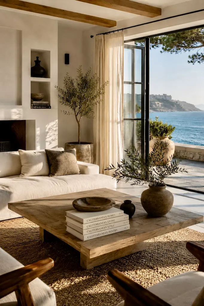 Modern coastal living room with natural wood, linen furnishings, handcrafted ceramics, and ocean views designed to age beautifully.
