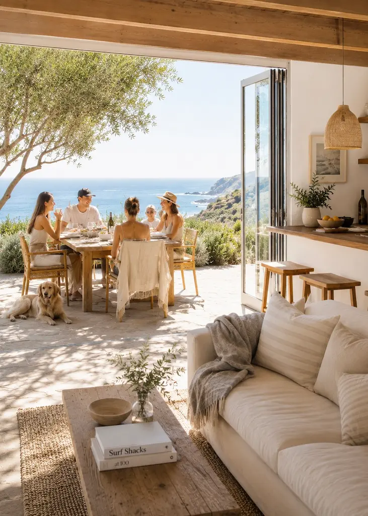 Bright California coastal home with open-plan indoor–outdoor living, featuring wide folding glass doors opening onto an oceanfront patio where friends enjoy a relaxed alfresco lunch beneath an olive tree. Natural oak beams, linen furnishings, woven textures, and warm sunlight create a calm, airy atmosphere that blends contemporary California design with Mediterranean-inspired living.