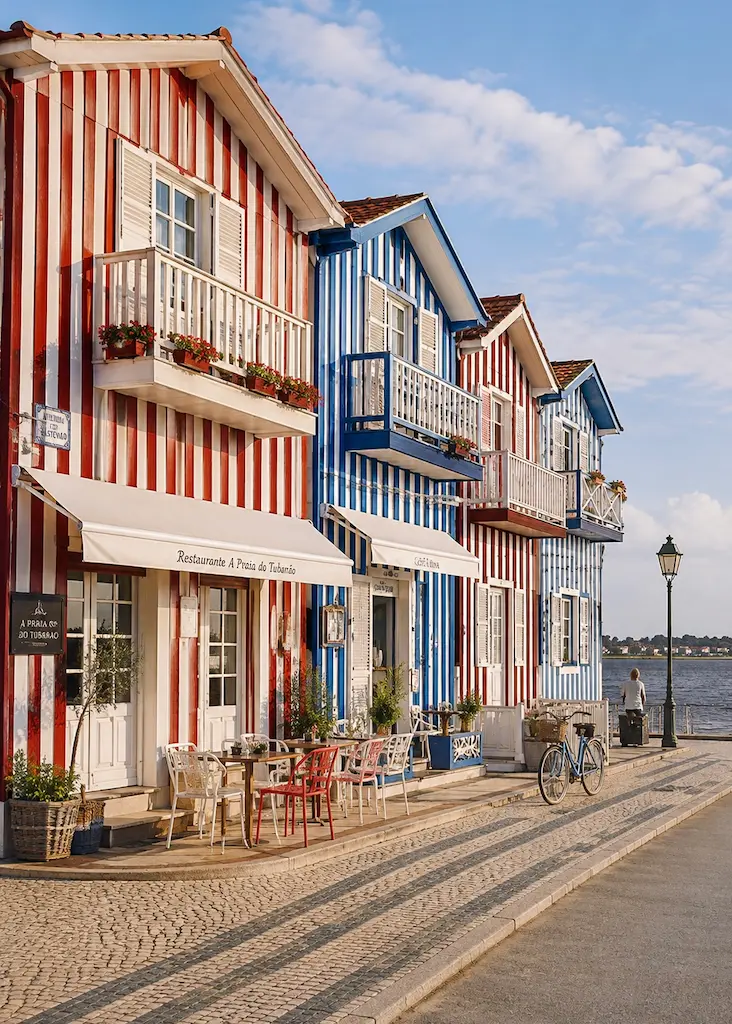 Colorful striped palheiros along Avenida José Estevão on the waterfront in Costa Nova, Portugal