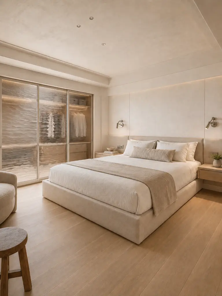 Serene coastal bedroom with warm wood flooring, upholstered walls, integrated lighting and textured glass wardrobe doors.