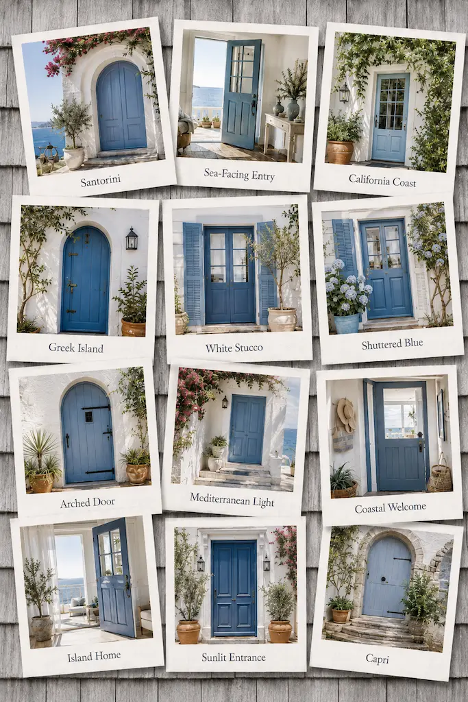 Collage of blue coastal doors in Mediterranean and California settings, framed by white stucco, shutters, flowering vines, terracotta pots and sea views.