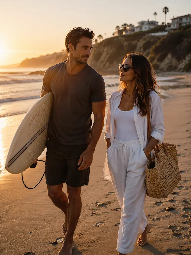 A surfer carrying a longboard walks beside his partner along a Southern California beach at sunset.