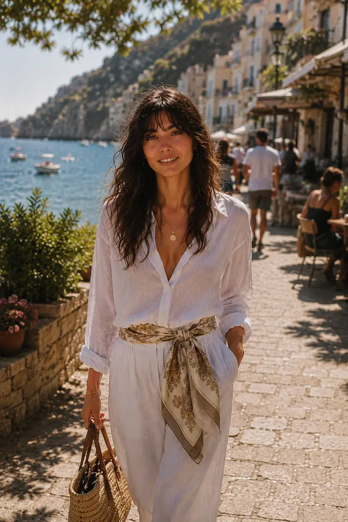 Woman styling a silk scarf as a belt with a white linen outfit while walking through a seaside Mediterranean piazza.