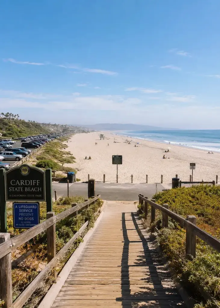 Public boardwalk leading to Cardiff State Beach in Southern California with wide sandy shoreline and free beach access.