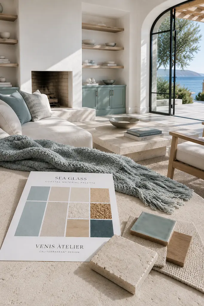 Sea Glass coastal interior with pale limestone, natural wood, woven textiles and blue-green architectural details.