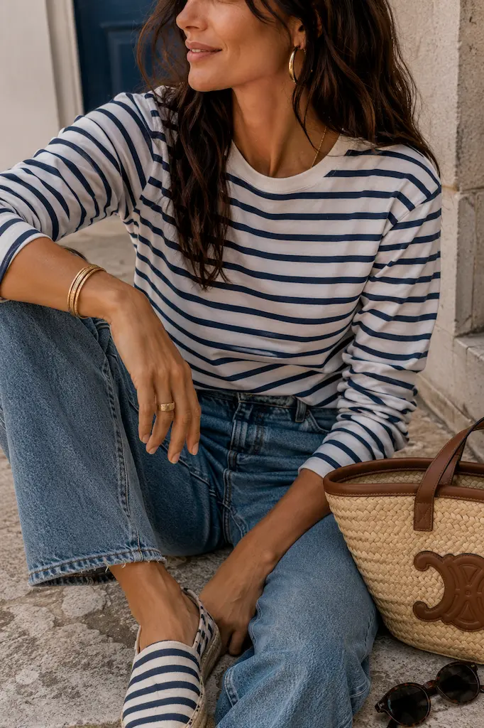 Close-up of a classic Breton striped shirt styled with relaxed denim, striped espadrilles, gold jewelry, and a woven straw tote.