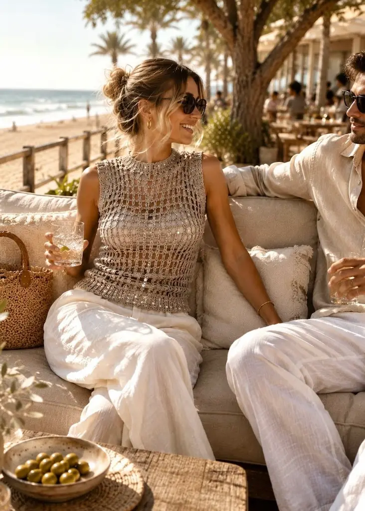Couple enjoying drinks at a relaxed California beach club overlooking the ocean at golden hour.