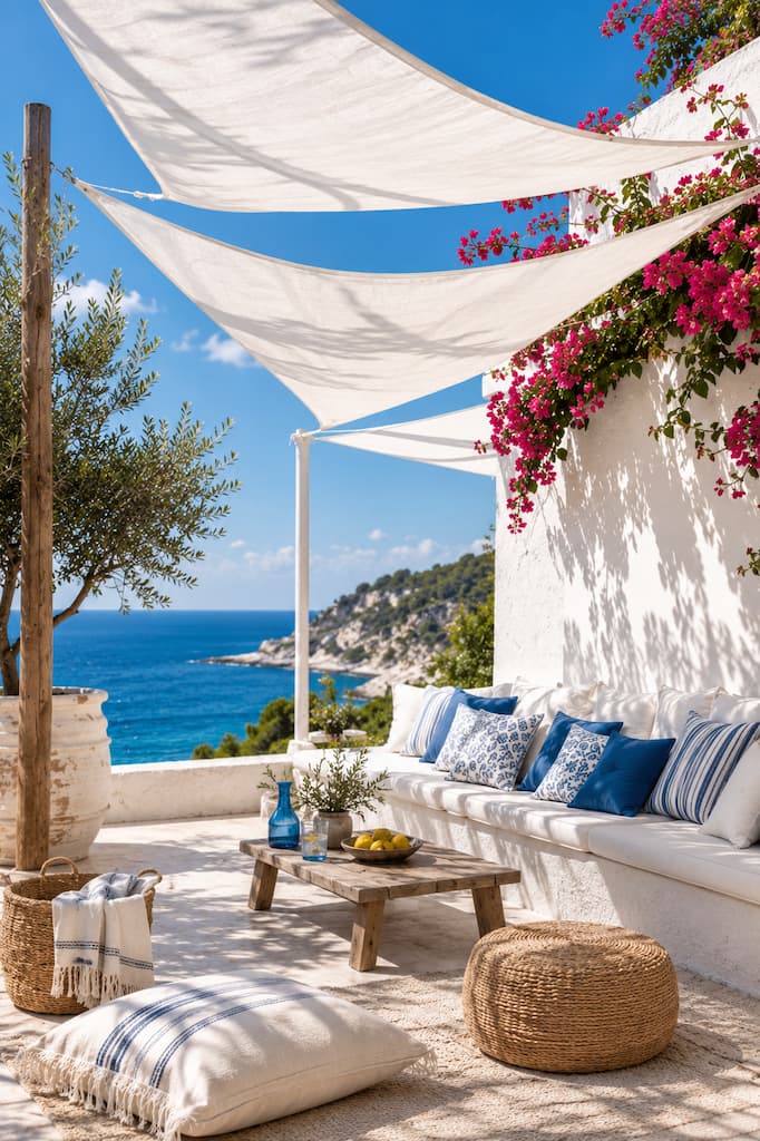 White sail shades stretched above a Mediterranean terrace overlooking the sea with blue and white coastal furnishings.
