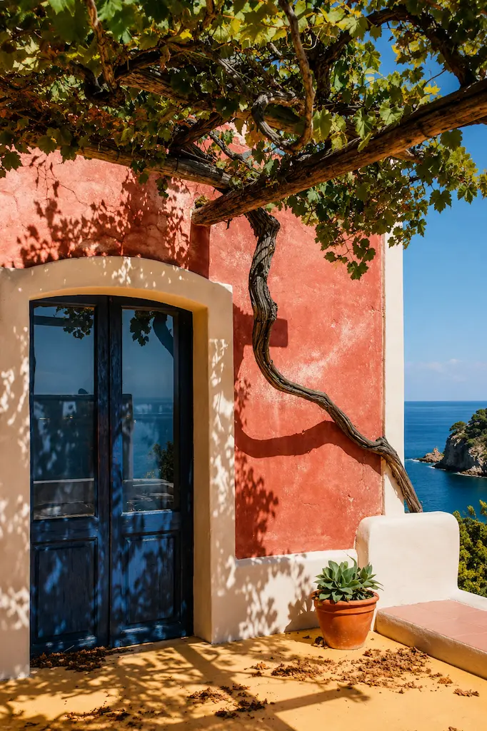 Traditional Mediterranean blue door beneath a grapevine with sea views and terracotta walls on a sunny coastal terrace.