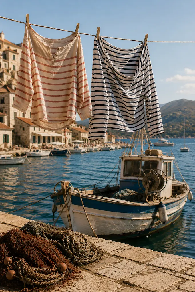 Breton striped shirts hanging to dry above a fishing boat in a quiet Mediterranean harbor, surrounded by nets, stone buildings, and blue water.
