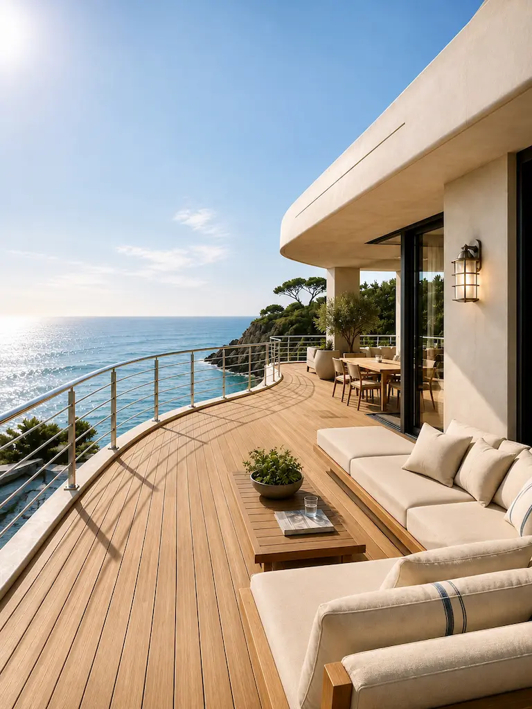 Caliterranean Homes: The Intelligence of Yacht Design, Brought Ashore 11 Curved oceanfront terrace with teak-style decking, streamlined railings and built-in lounge seating inspired by yacht design.