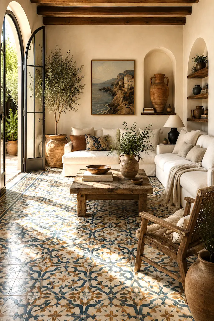 Traditional Spanish home with colourful Mediterranean ceramic floor tiles inspired by Moorish and hydraulic tile patterns.